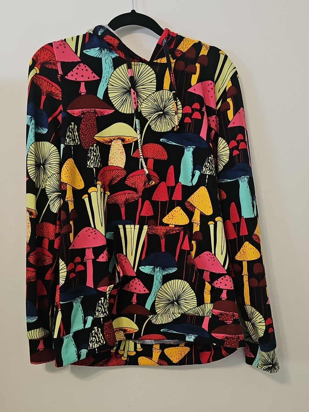 Black Mushroom-Print Hoodie with Multicolor Accent